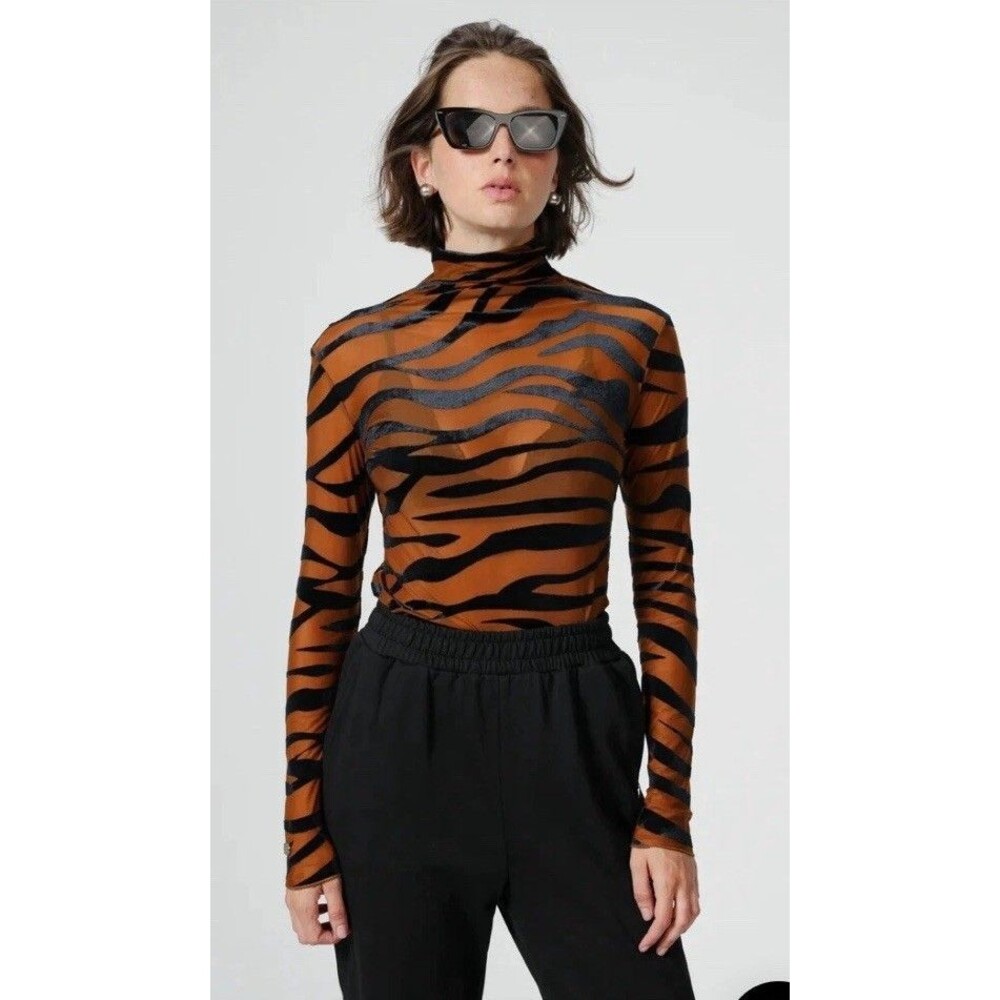 Bold Tiger Stripe Sheer lace mesh Cropped turtleneck Animal Print Stretch 90’s S